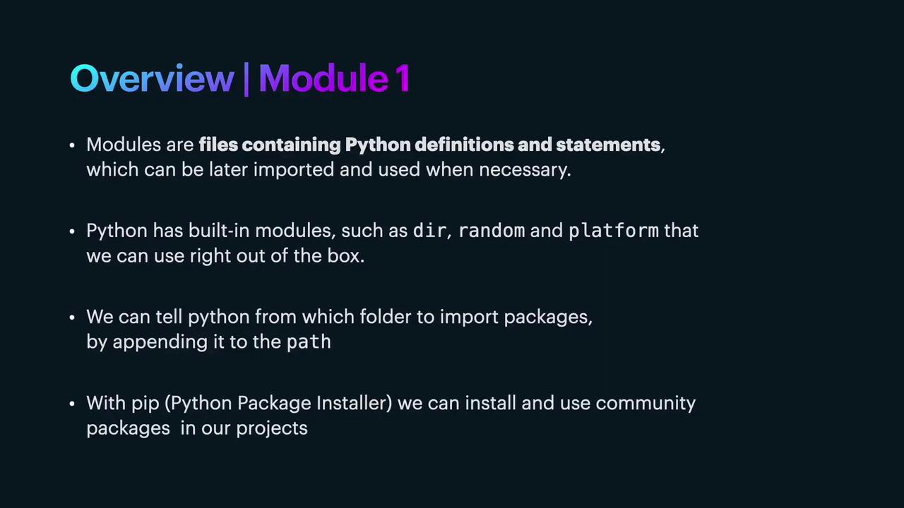 The image is an overview of Module 1, explaining Python modules, built-in modules, importing packages, and using pip for package installation.