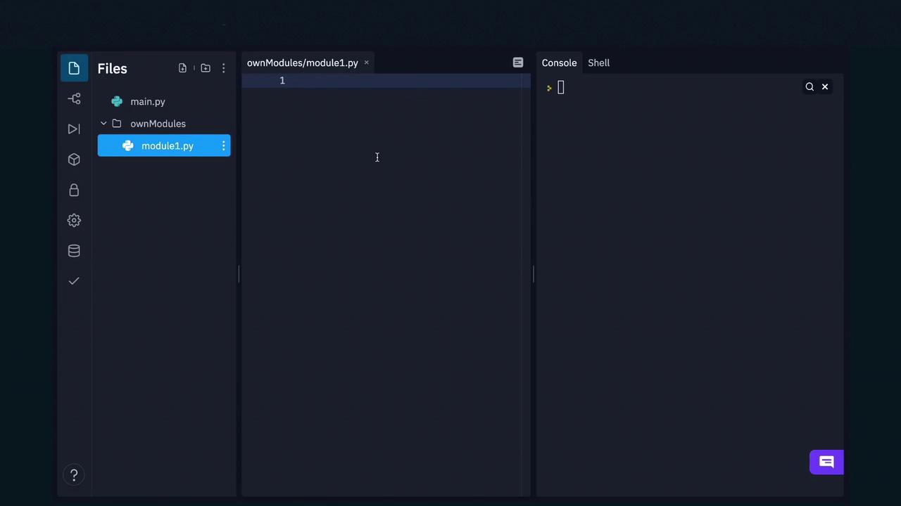 The image shows a coding environment with a file explorer on the left, displaying Python files, and an open editor in the center with a console on the right. The file "module1.py" is currently open and appears to be empty.