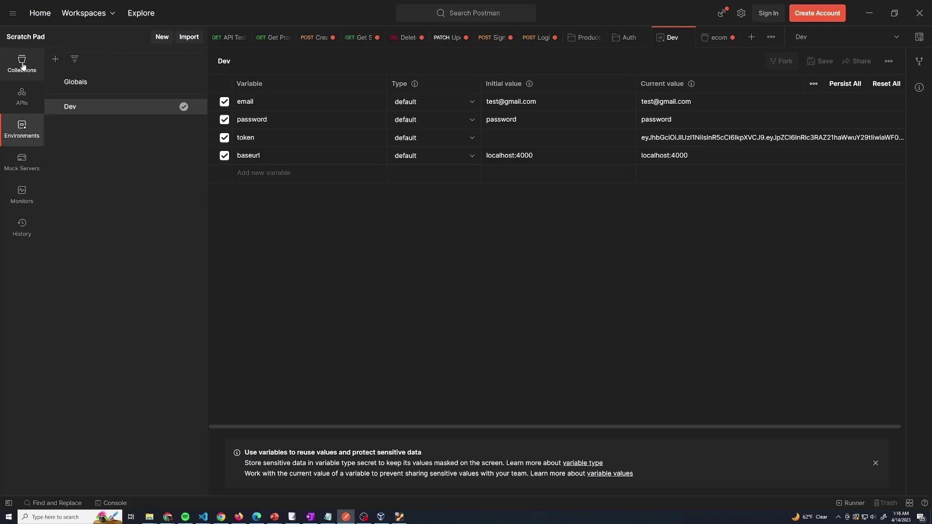 The image shows a Postman interface with environment variables set for a "Dev" environment, including email, password, token, and base URL. The sidebar displays options like Collections, APIs, and Environments.