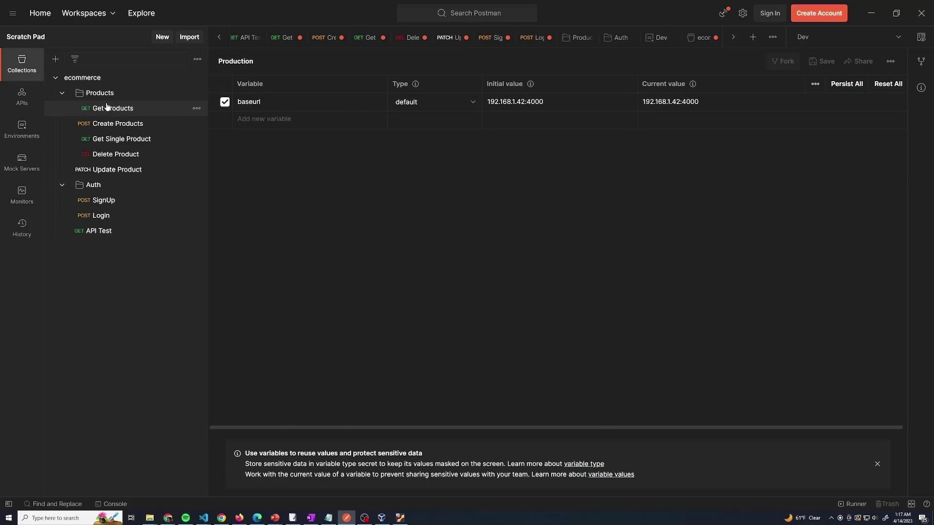 The image shows a Postman interface with collections for "ecommerce" and "Auth" APIs, displaying various HTTP requests like GET, POST, and PATCH. The environment variables section is visible, showing a variable named "baseurl" with an IP address value.