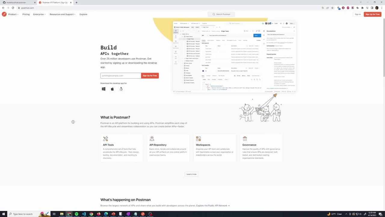 The image shows a webpage for Postman, an API platform, featuring a sign-up section and information about its tools and features. It includes a screenshot of the Postman interface and descriptions of its API tools, workspaces, and governance features.