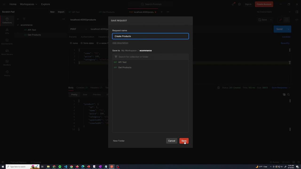 The image shows a Postman interface where a request named "Create Products" is being saved to a collection called "ecommerce." The interface includes options to save or cancel the action.