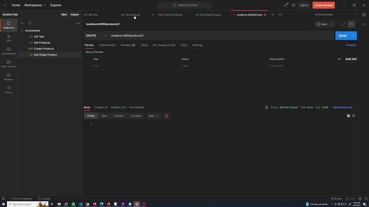 The image shows a Postman interface with a collection of API requests related to an e-commerce application. The "Get Products" request is selected, displaying details like the request type, URL, and response status.