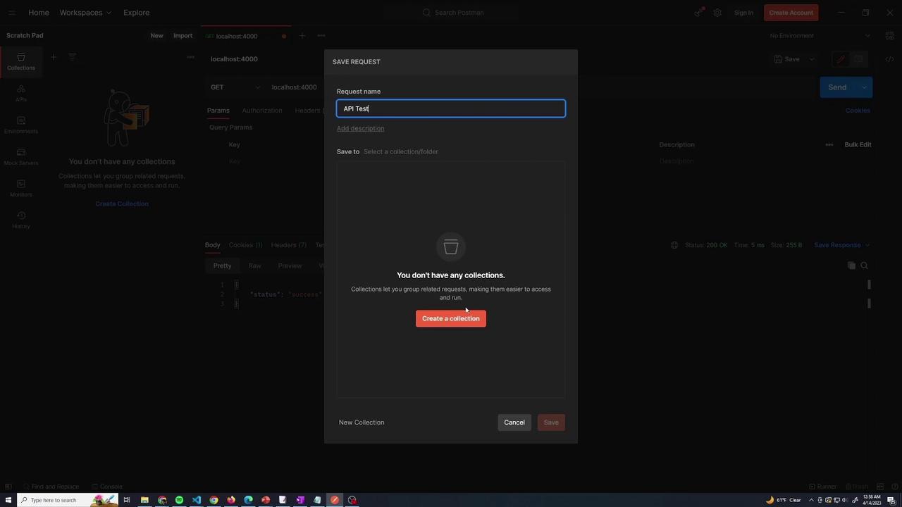 The image shows a Postman interface with a "Save Request" dialog open, prompting the user to create a collection to save an API request named "API Test."