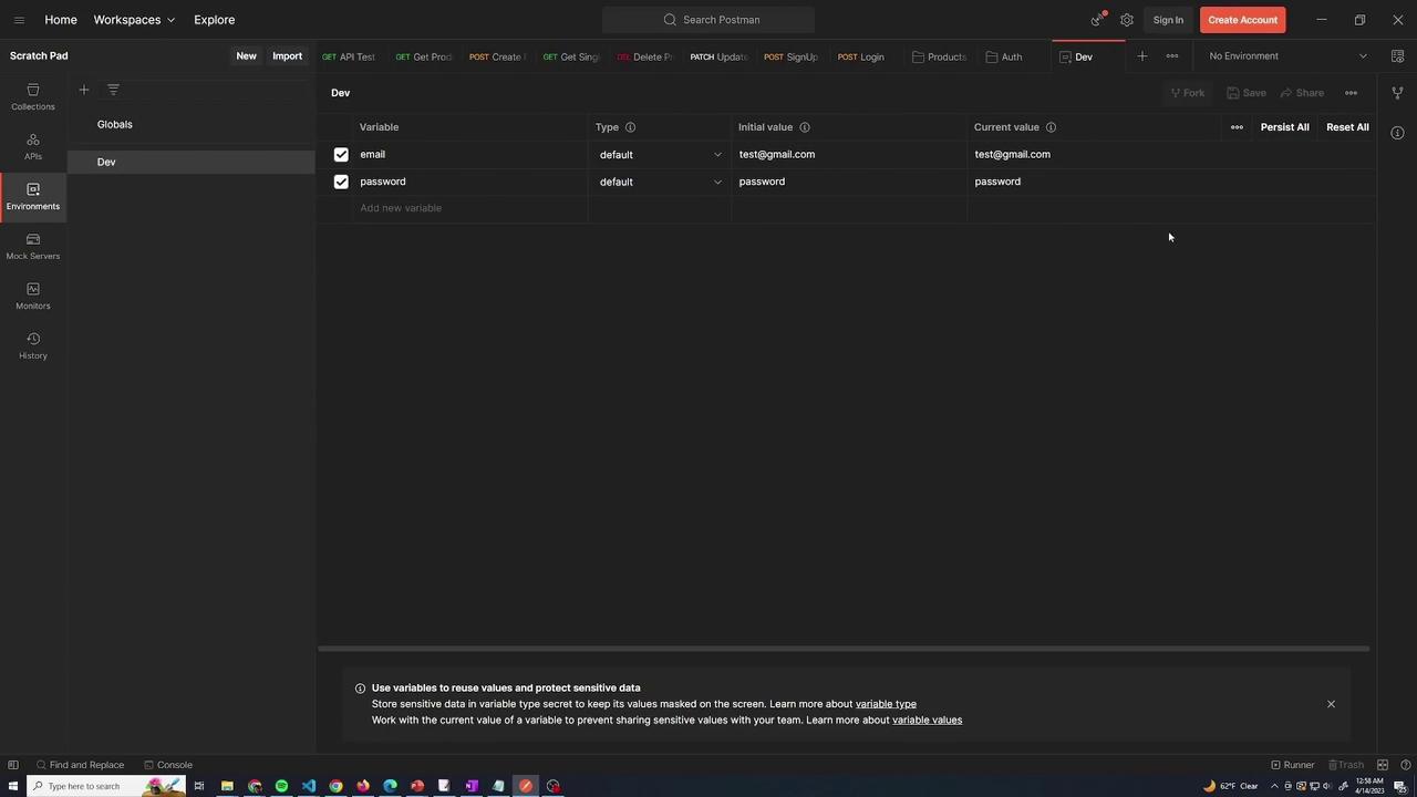 The image shows a Postman interface with environment variables set for "email" and "password" in the "Dev" environment. The sidebar includes options like Collections, APIs, and Environments.