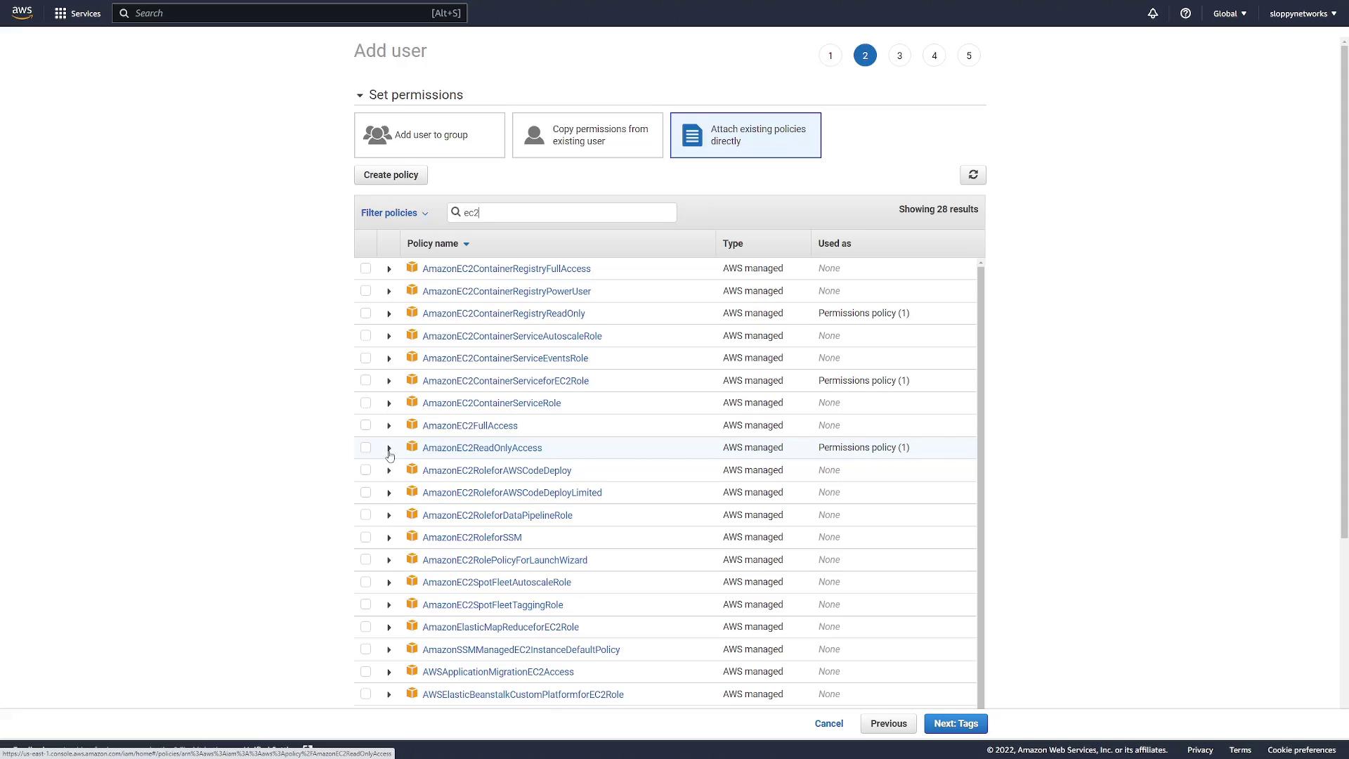 The image shows an AWS IAM interface for setting permissions while adding a user, with a list of EC2-related policies displayed.
