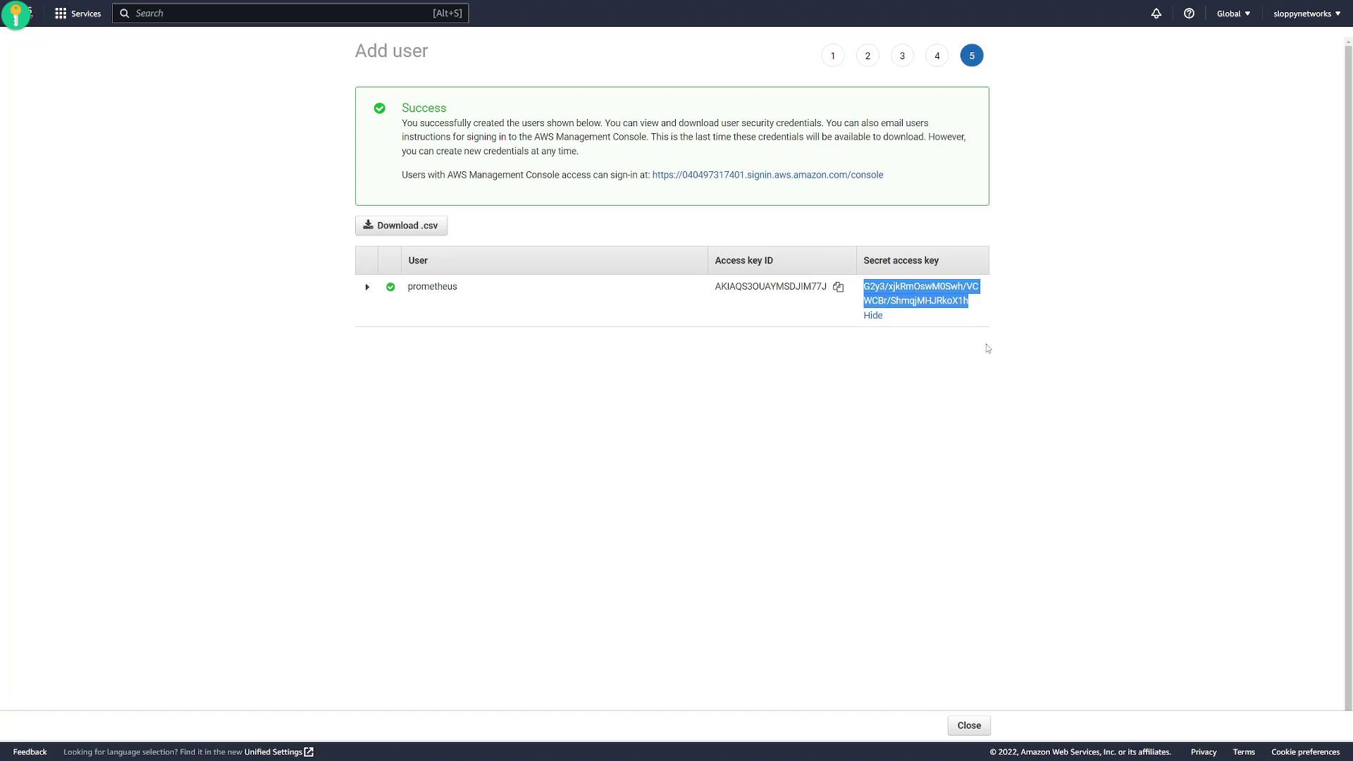 The image shows an AWS Management Console screen where a new user named "prometheus" has been successfully created, displaying their access key ID and secret access key.