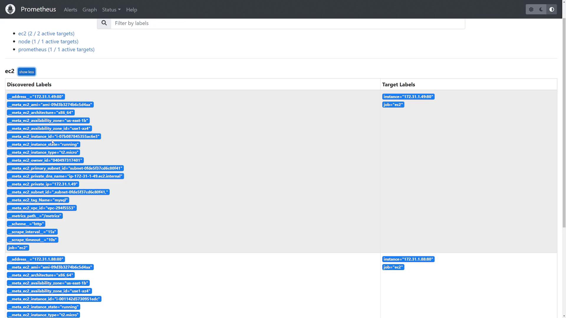 The image shows a Prometheus monitoring interface displaying discovered and target labels for two EC2 instances, including details like IP addresses, instance types, and availability zones.