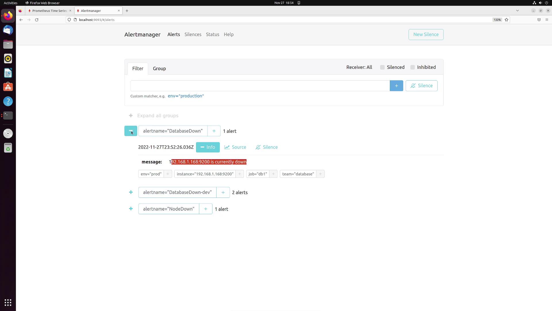 The image shows an Alertmanager interface in a web browser, displaying a "DatabaseDown" alert indicating that the IP address 192.168.1.168:9200 is currently down.