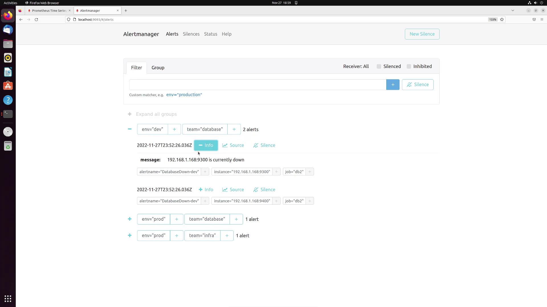 The image shows an Alertmanager interface in a web browser, displaying alerts related to a database being down, with options to filter, silence, and view alert details.
