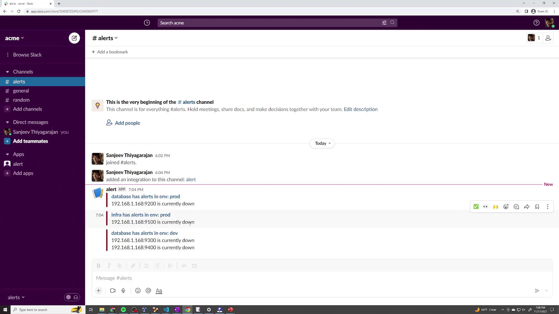 The image shows a Slack workspace with the "#alerts" channel open, displaying messages about database and infrastructure alerts indicating certain IP addresses are currently down.