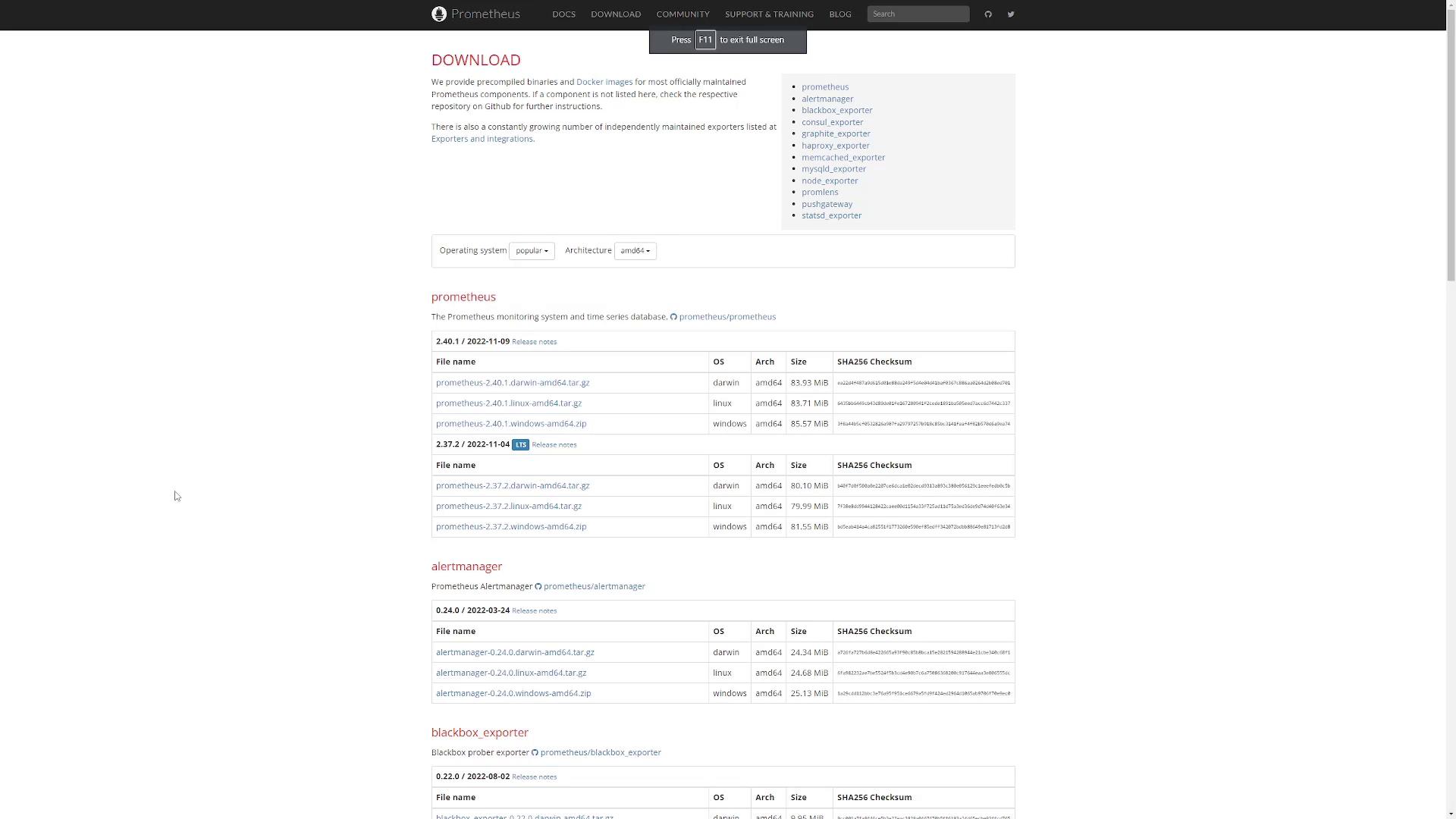 The image shows a download page for Prometheus, listing various precompiled binaries and Docker images for different operating systems and architectures, along with their file sizes and checksums.