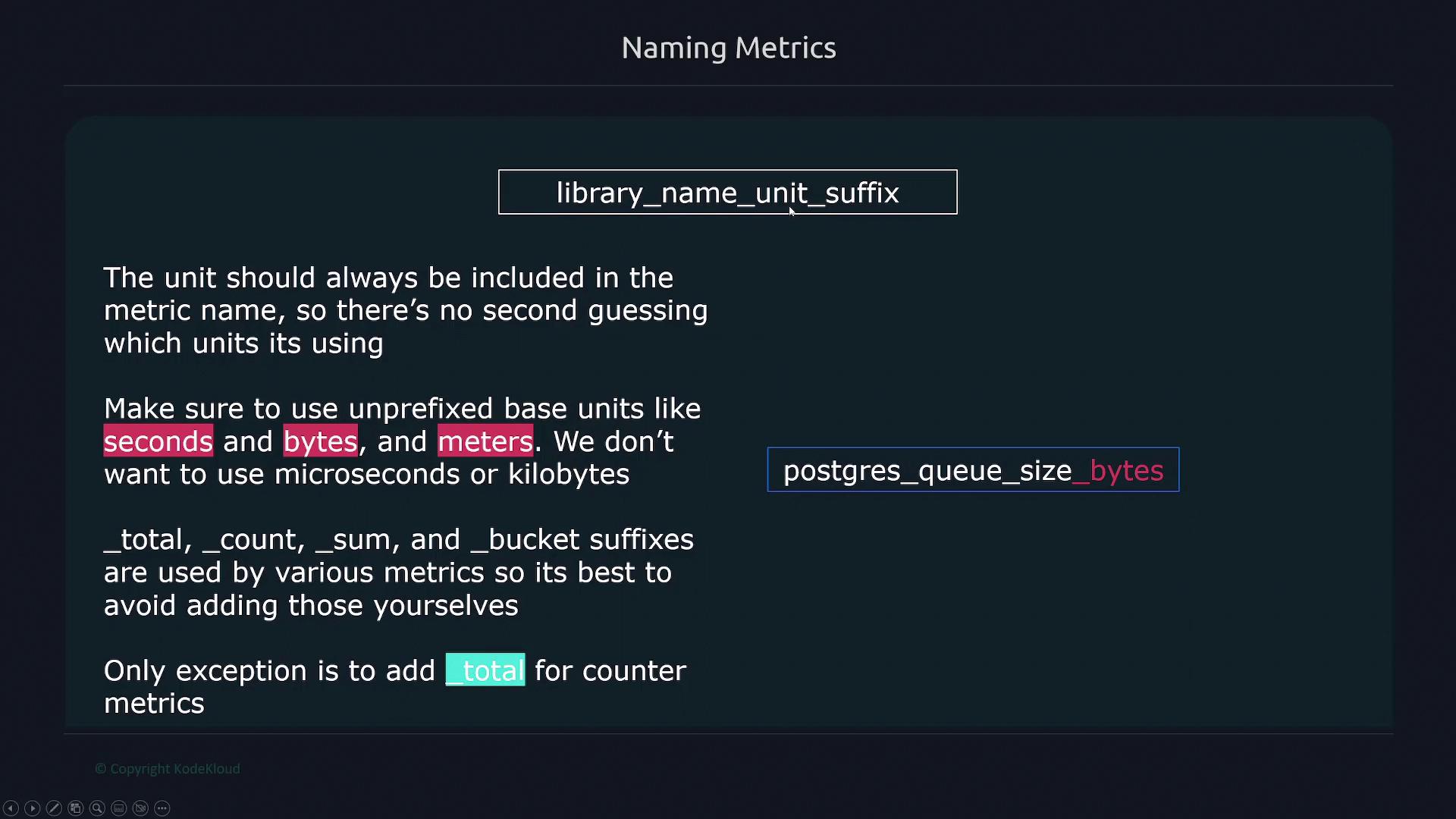 The image provides guidelines for naming metrics, emphasizing the inclusion of units in metric names and recommending the use of unprefixed base units like seconds, bytes, and meters. It also advises against using microseconds or kilobytes and mentions suffixes like _total for counter metrics.