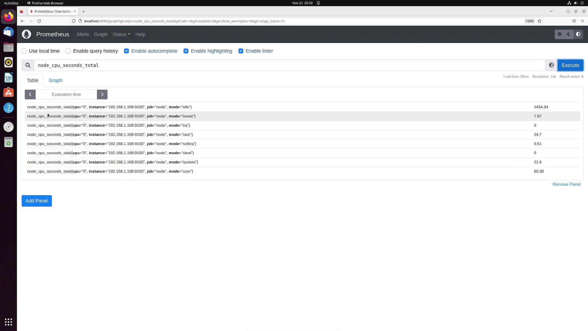 The image shows a Prometheus web interface displaying CPU usage metrics for a specific instance, with various modes like idle, iowait, and user. The data is presented in a table format with corresponding values for each mode.