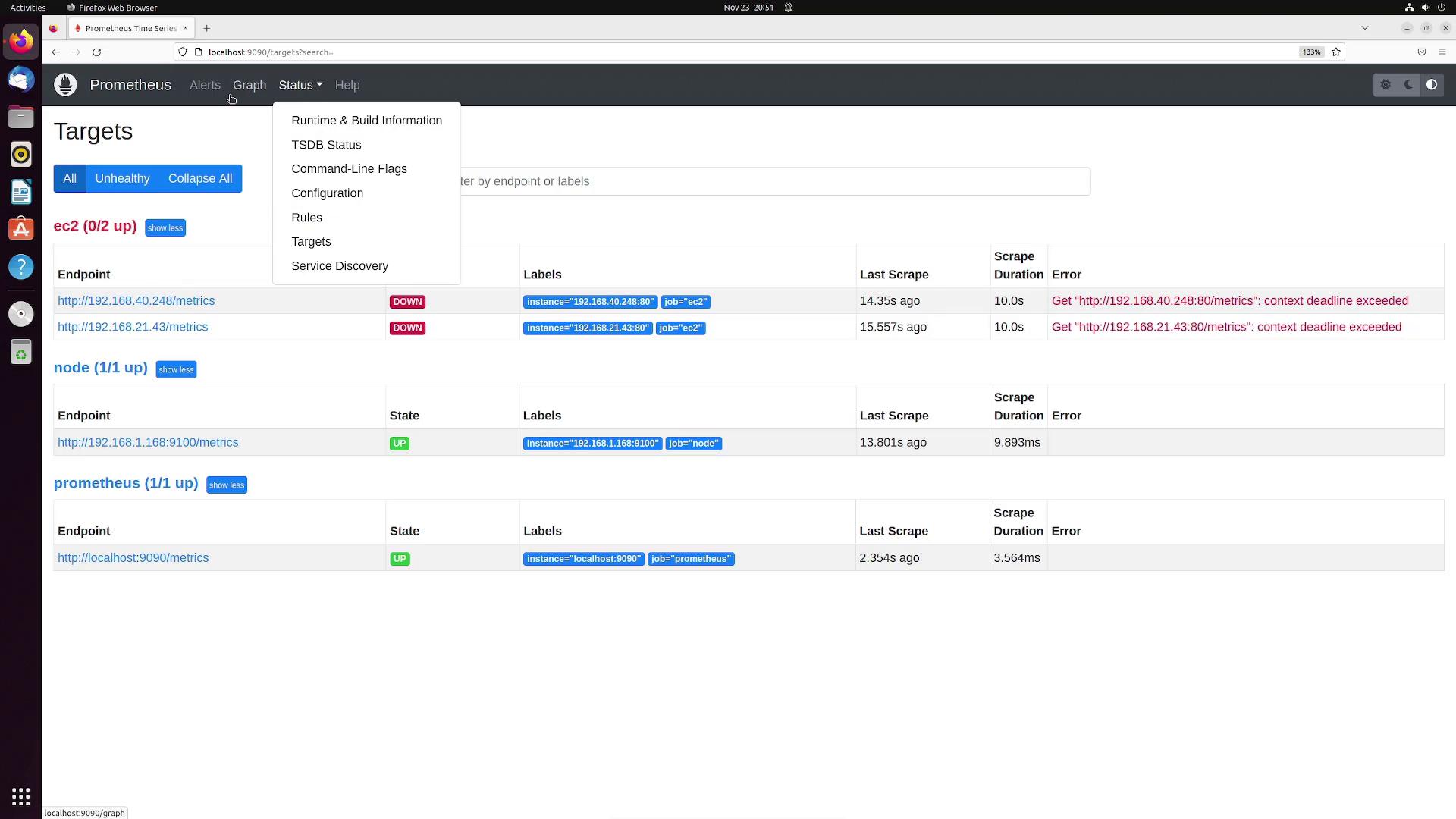 The image shows a Prometheus monitoring dashboard displaying the status of various targets, with some endpoints marked as "DOWN" and others as "UP." It includes details like endpoint URLs, labels, last scrape times, and errors.