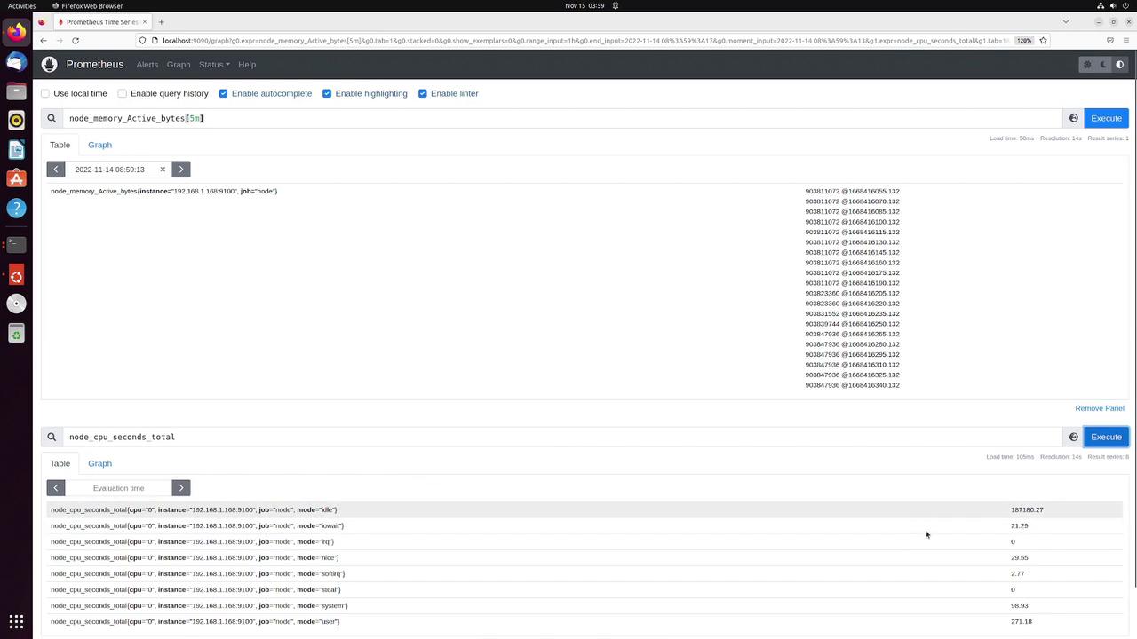 The image shows a Prometheus monitoring interface displaying query results for memory and CPU metrics. It includes tables with data on `node_memory_Active_bytes` and `node_cpu_seconds_total`.