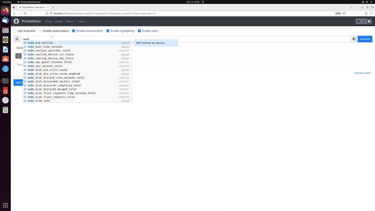 The image shows a Prometheus web interface on a Linux system, displaying a query editor with a list of node metrics.