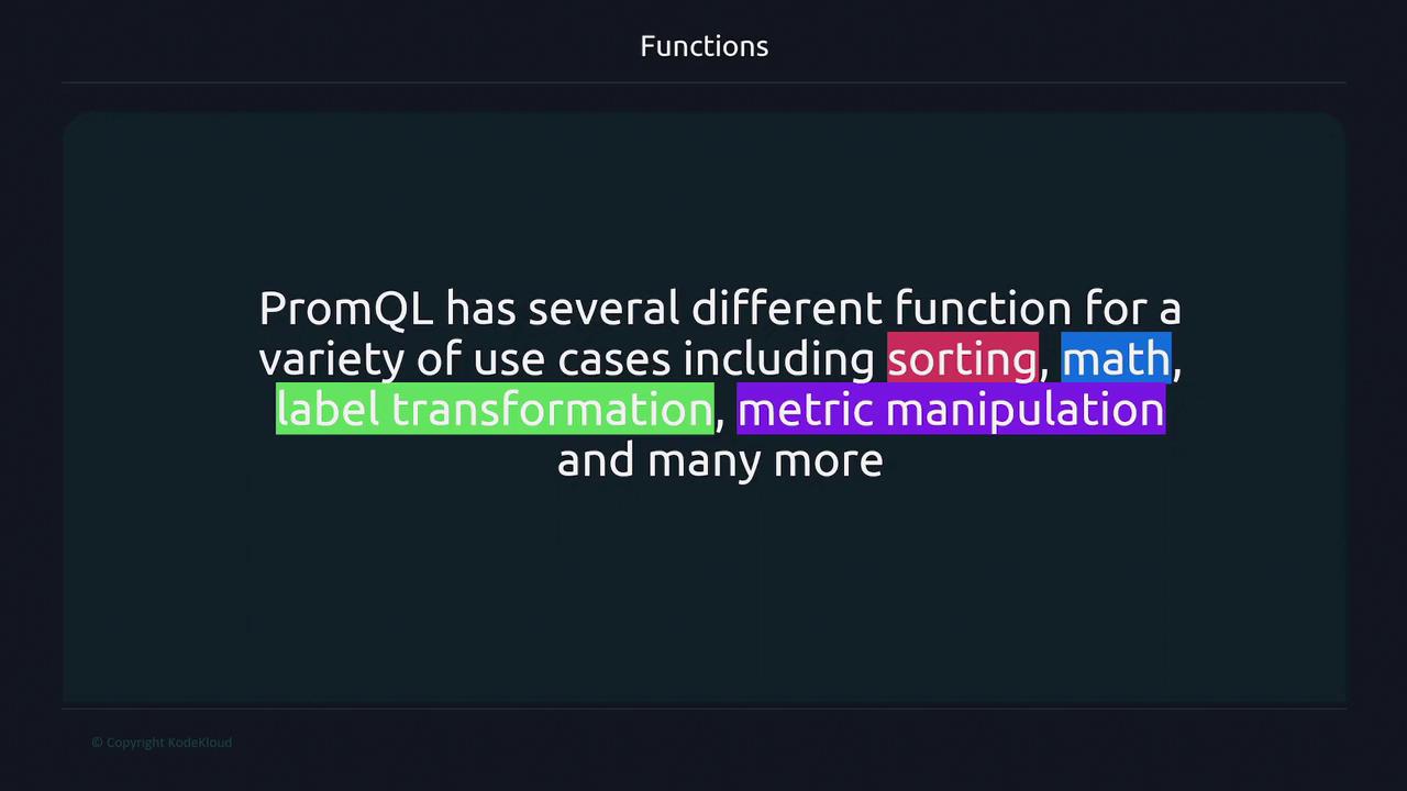 The image is a slide discussing PromQL functions, highlighting use cases such as sorting, math, label transformation, and metric manipulation.