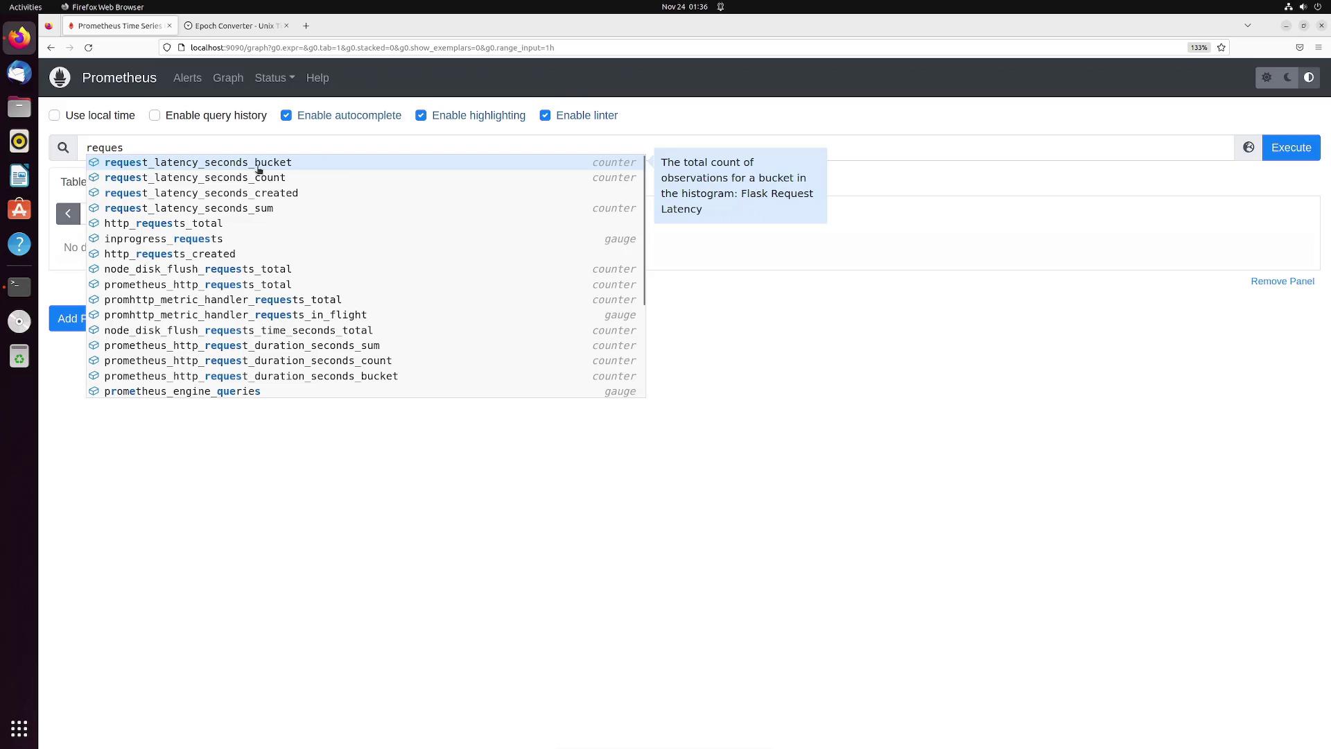 The image shows the Prometheus web interface with a query input field, displaying a list of available metrics related to request latency and HTTP requests. The interface includes options for enabling query history, autocomplete, highlighting, and a linter.