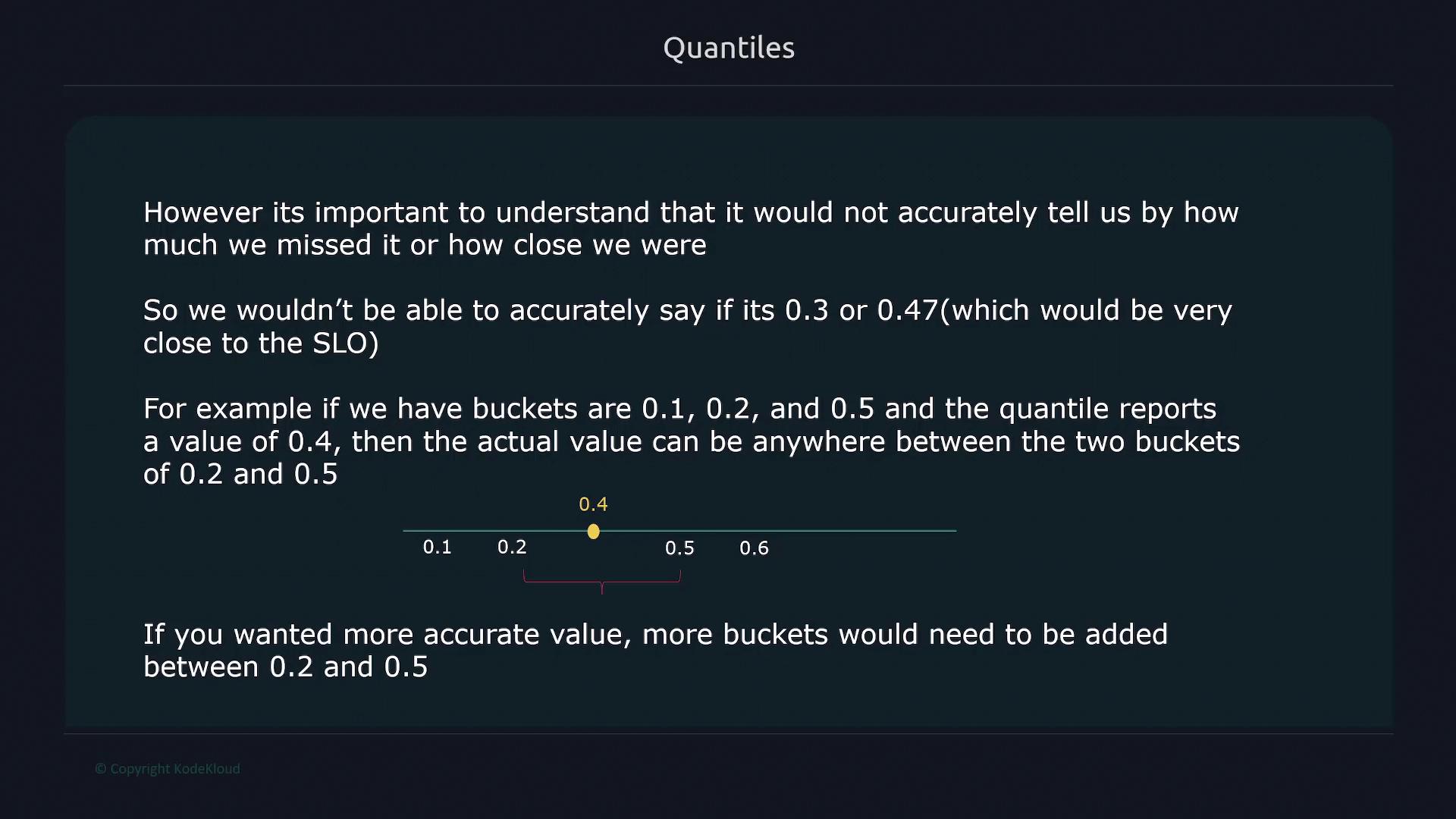 The image explains the concept of quantiles, highlighting the limitations in accuracy when using bucketed values, and suggests adding more buckets for precision.