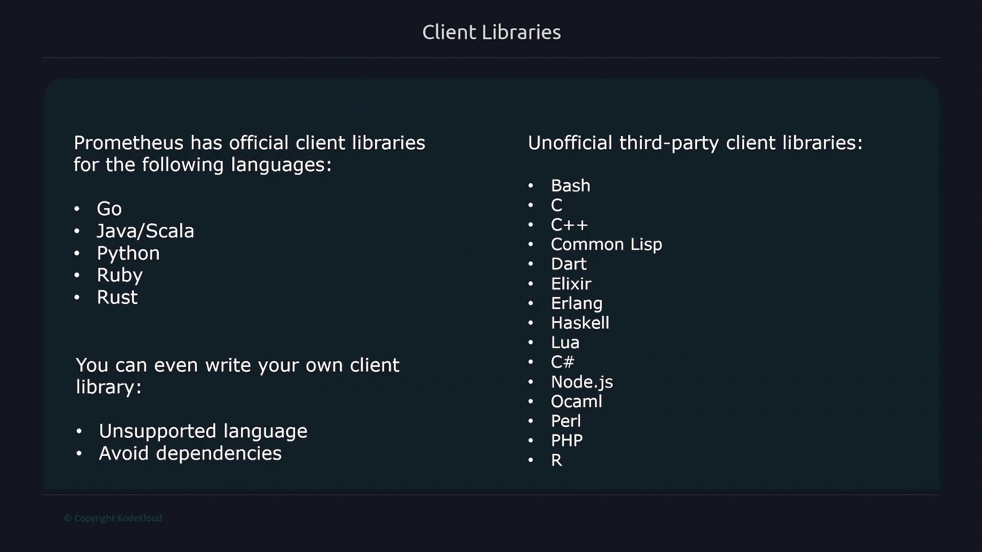 The image lists official and unofficial client libraries for Prometheus, including languages like Go, Java/Scala, Python, and others. It also mentions the possibility of writing custom client libraries.
