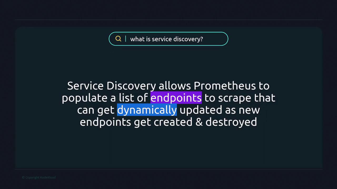 The image contains a text explanation about service discovery, stating that it allows Prometheus to dynamically update a list of endpoints to scrape as new endpoints are created and destroyed.