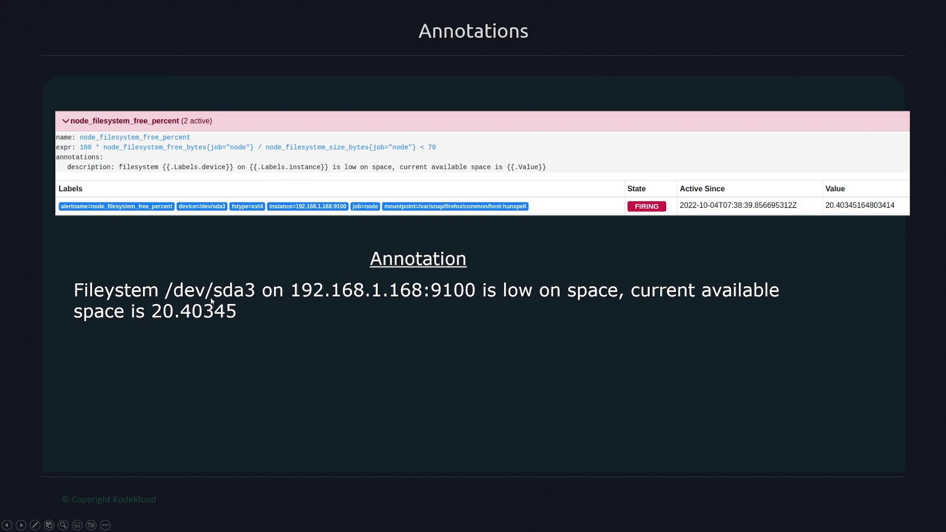 The image shows an alert annotation indicating that the filesystem `/dev/sda3` on `192.168.1.168:9100` is low on space, with a current available space of 20.40345.