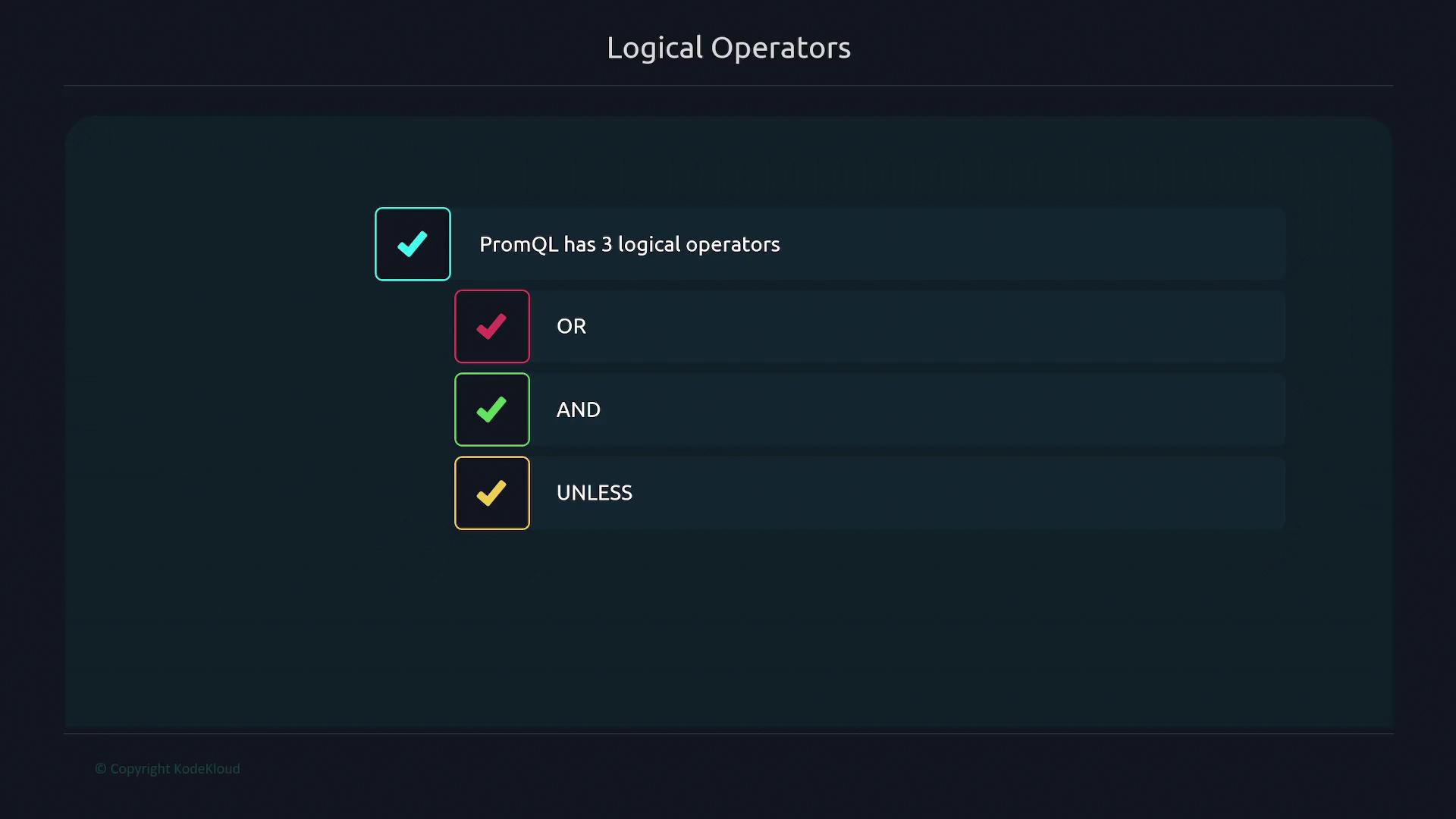 The image lists three logical operators in PromQL: OR, AND, and UNLESS, each with a checkmark.