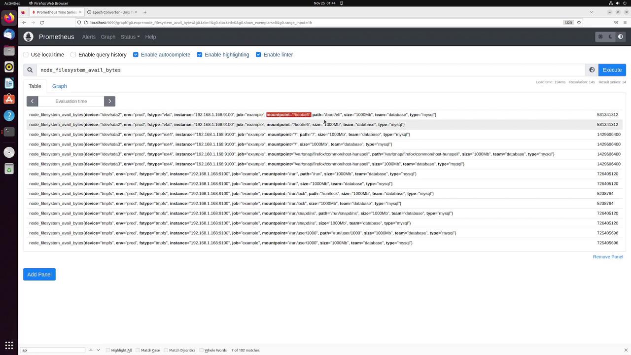 The image shows a Prometheus web interface displaying query results for `node_filesystem_avail_bytes`, listing various filesystem metrics in a table format. The interface includes options for enabling query history, autocomplete, highlighting, and linter.