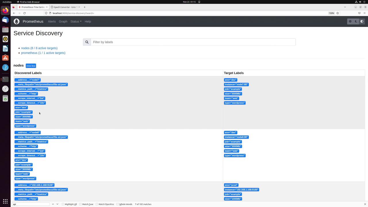 The image shows a Prometheus Service Discovery page in a web browser, displaying discovered and target labels for various nodes. The interface includes details such as addresses, metrics paths, and environment settings.