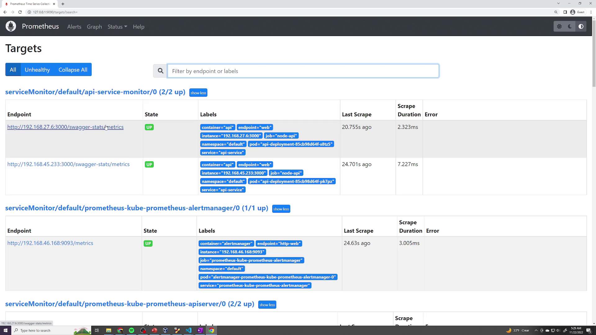The image shows a Prometheus monitoring dashboard displaying the status of various service endpoints, all marked as "UP" with details on their last scrape time and duration.