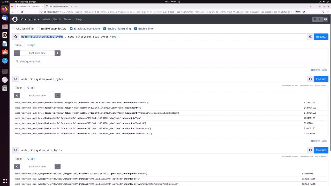 The image shows a Prometheus web interface displaying queries related to filesystem metrics, including available and total bytes, with results shown in a table format.