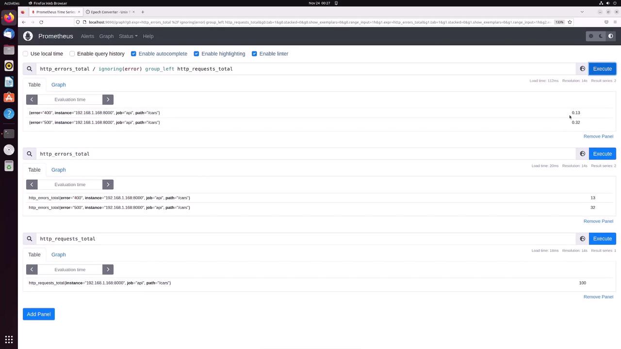 The image shows a Prometheus web interface displaying query results for HTTP errors and requests, with data visualized in tables and graphs.