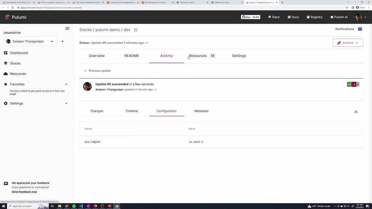 The image shows a Pulumi dashboard with a successful update status for a stack named "pulumi-demo/dev," displaying configuration details and recent activity.