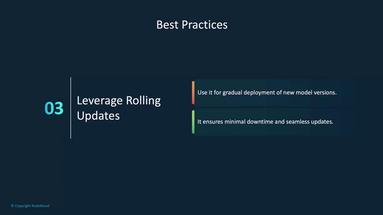 The image is a slide titled "Best Practices" with a focus on "Leverage Rolling Updates," highlighting the benefits of gradual deployment and minimal downtime.