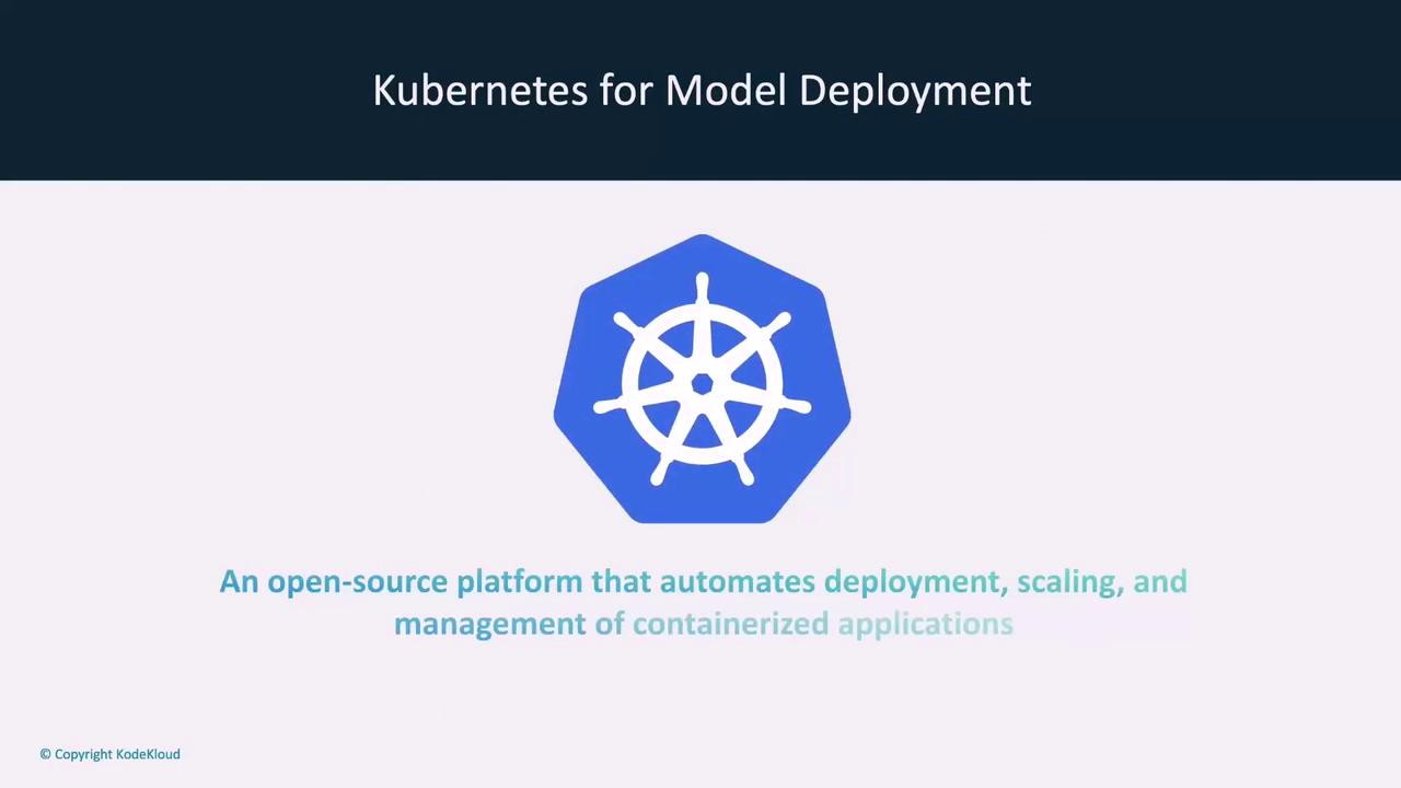 The image is a slide titled "Kubernetes for Model Deployment" featuring the Kubernetes logo and a description of it as an open-source platform for automating deployment, scaling, and management of containerized applications.