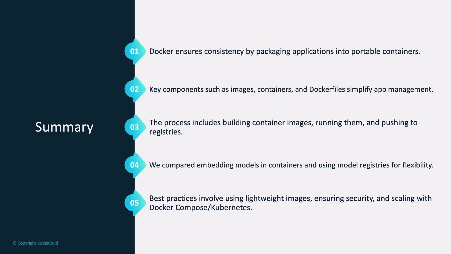 The image is a summary of Docker's features and best practices, highlighting containerization, key components, and the process of building and managing container images.
