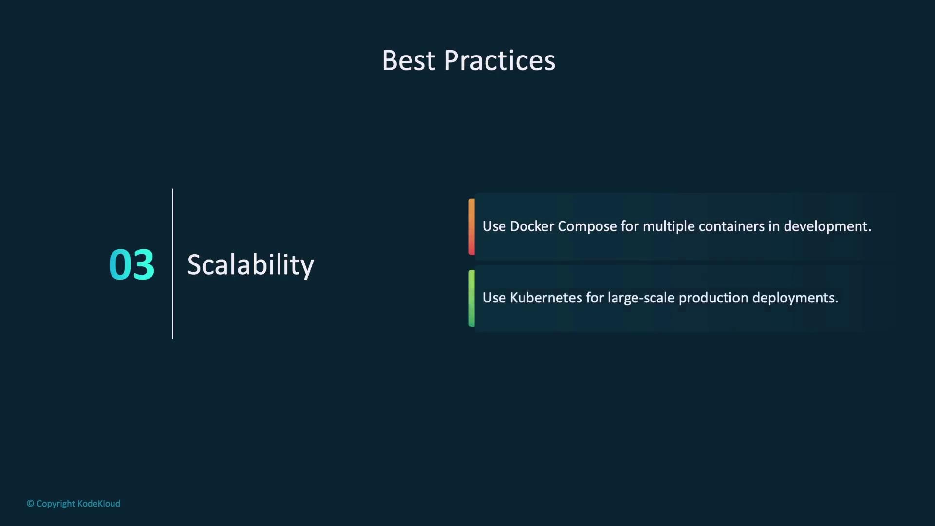 The image provides best practices for scalability, suggesting the use of Docker Compose for multiple containers in development and Kubernetes for large-scale production deployments.