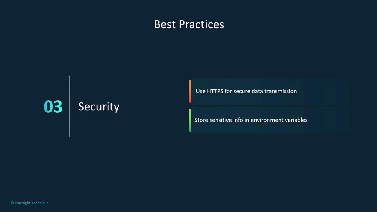 The image is a slide titled "Best Practices" focusing on security, advising to use HTTPS for secure data transmission and to store sensitive information in environment variables.