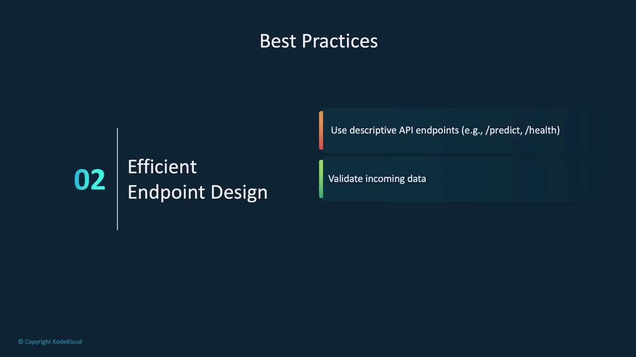 The image is a slide titled "Efficient Endpoint Design" with best practices for API design, including using descriptive endpoints and validating incoming data.