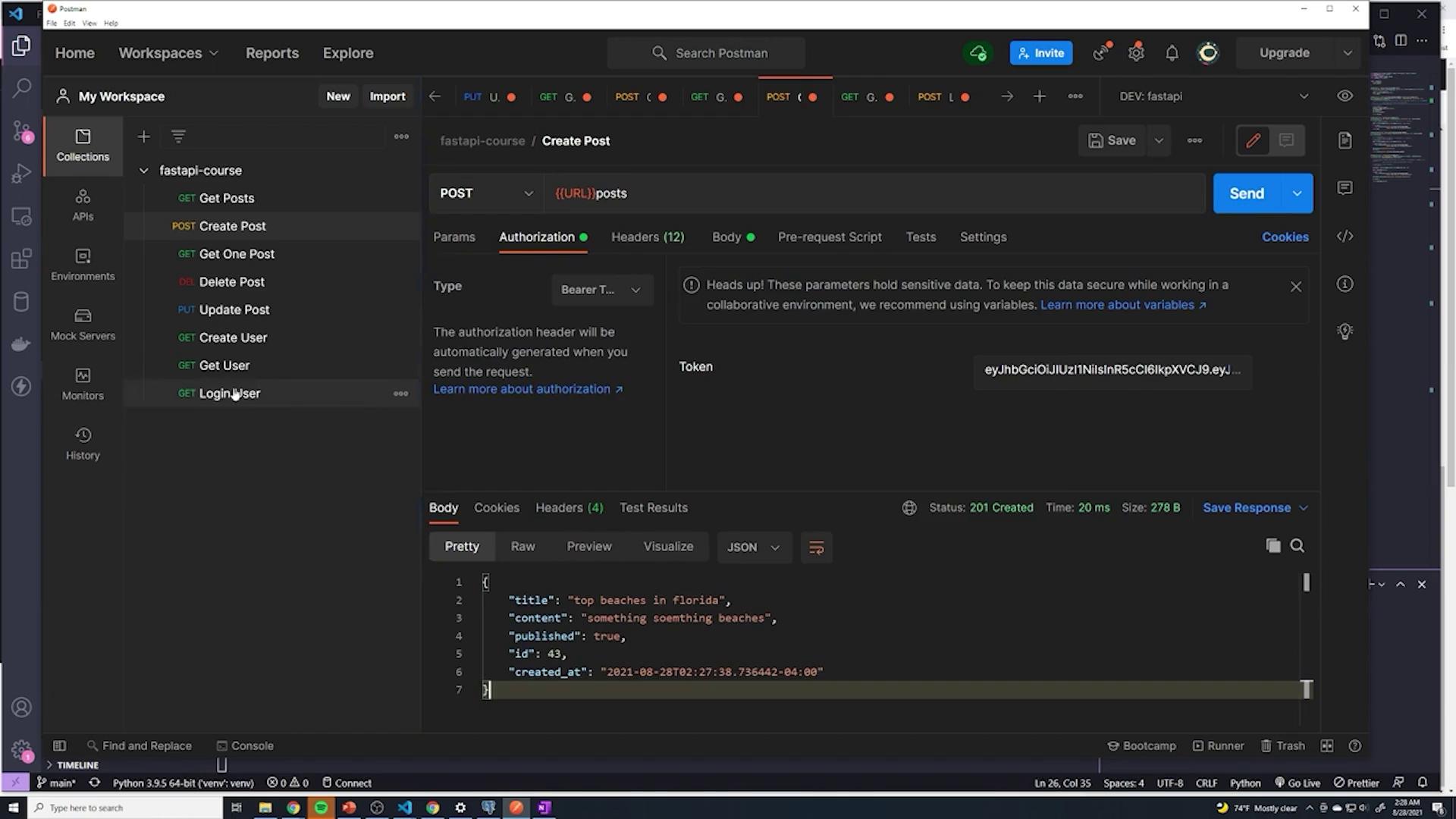 The image shows the Postman application interface with a collection of API requests related to a "fastapi-course." The "Create Post" request is selected, displaying authorization details and a JSON response in the body section.