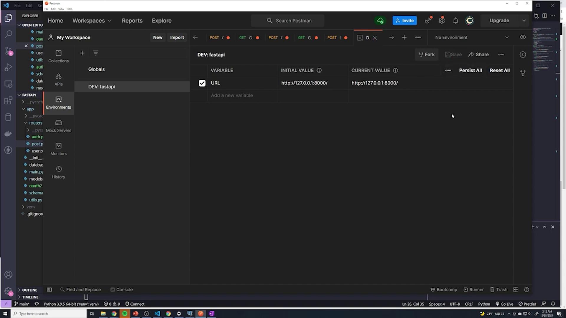 The image shows a split-screen view of Visual Studio Code and Postman. The VS Code window displays a Python project structure, while the Postman window shows an environment setup for a FastAPI development server.