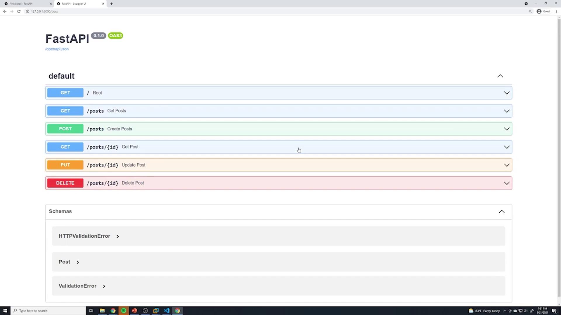 The image shows a FastAPI Swagger UI interface displaying various HTTP methods (GET, POST, PUT, DELETE) for managing posts, along with their respective endpoints.