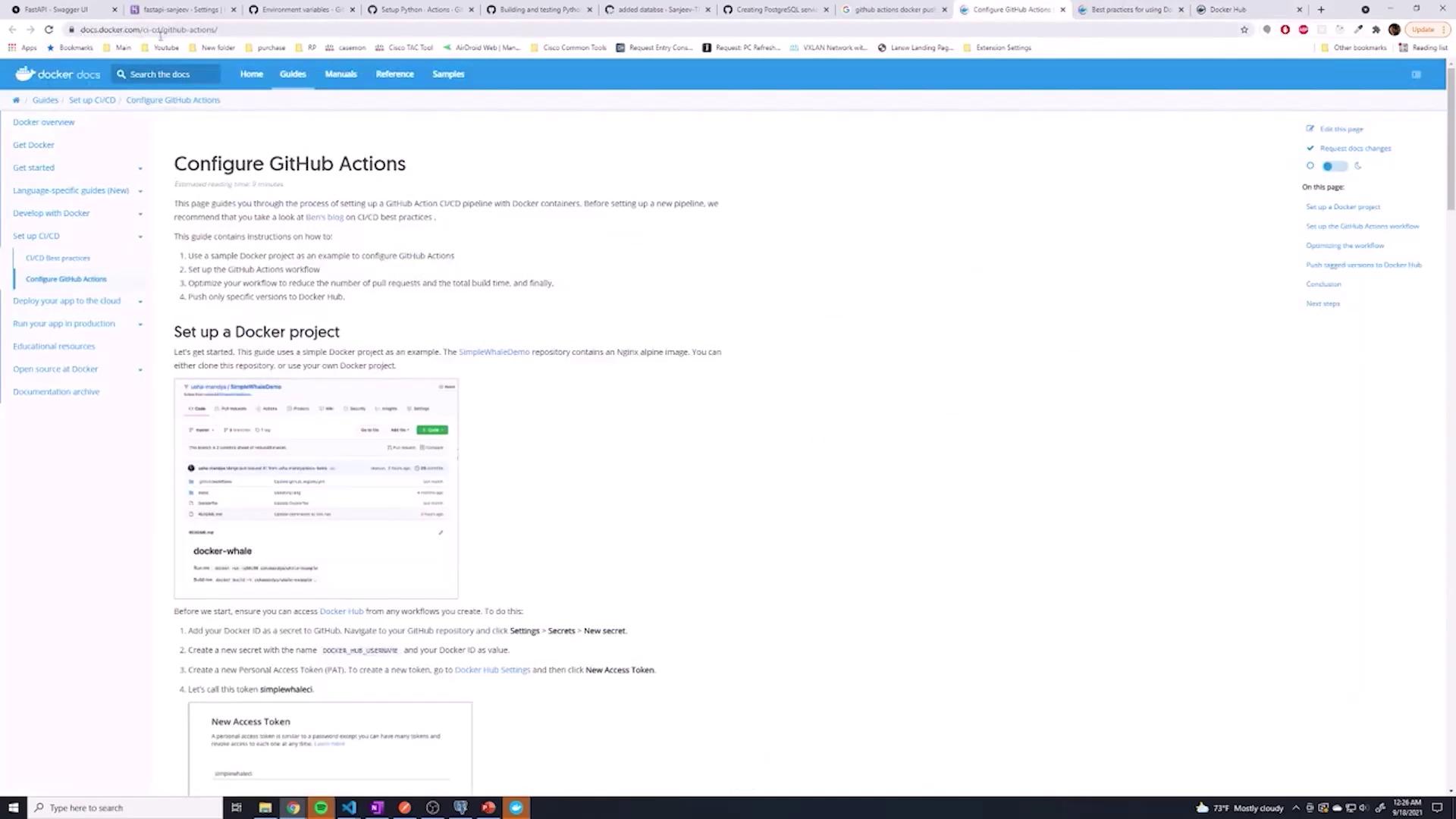 The image shows a webpage from Docker documentation about configuring GitHub Actions, including steps to set up a Docker project.