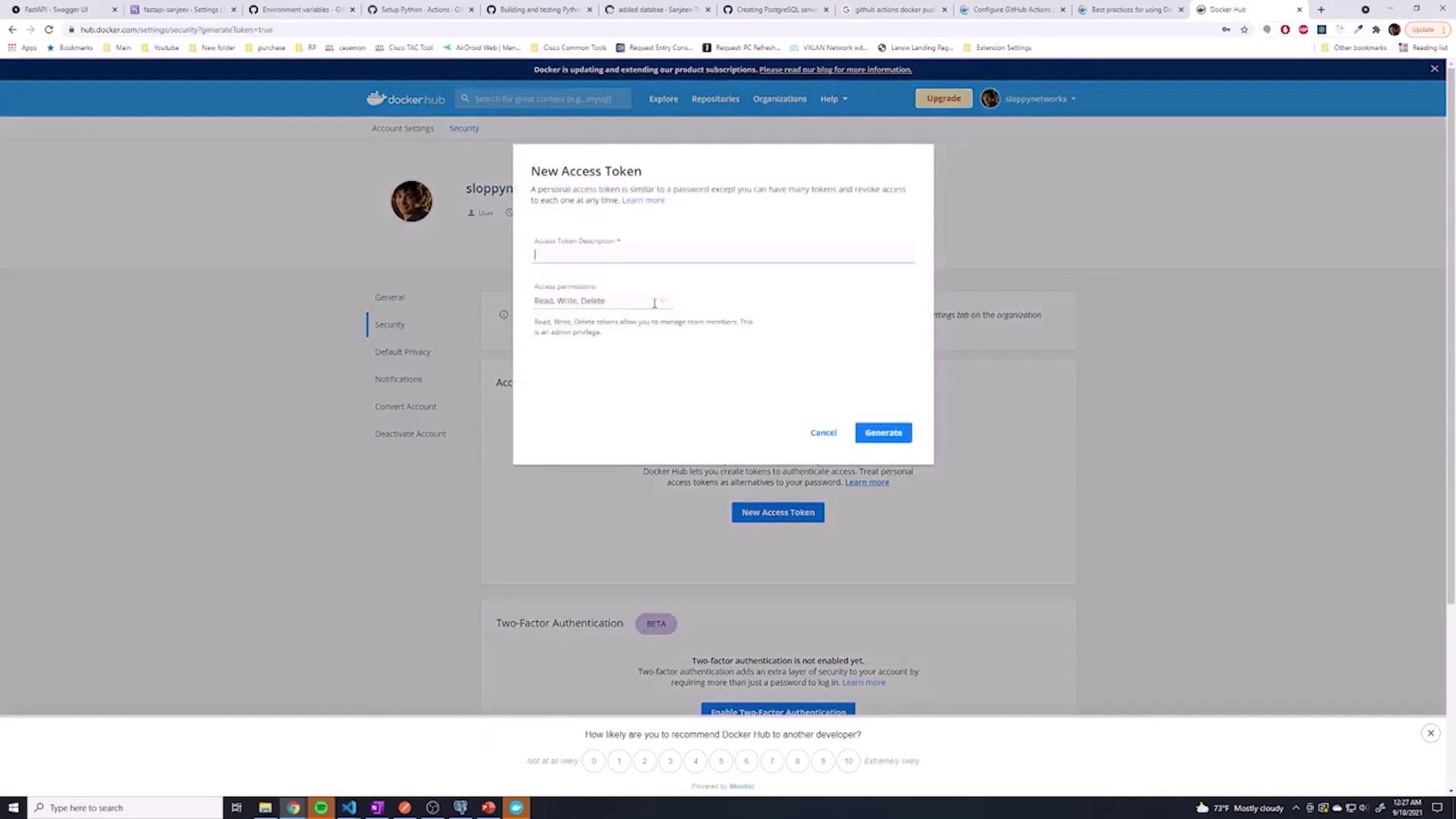 The image shows a Docker Hub interface with a pop-up window for creating a new access token, where users can enter a description and set access permissions. The background displays account settings and security options.