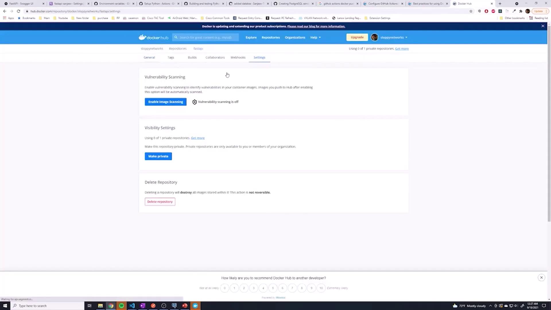 The image shows a Docker Hub settings page with options for vulnerability scanning, visibility settings, and deleting a repository.