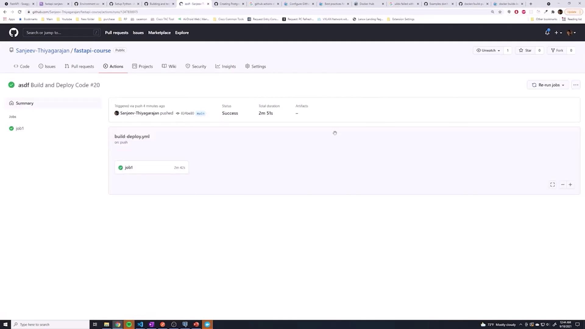 The image shows a GitHub Actions page for a repository named "fastapi-course," displaying a successful build and deploy job. The job, labeled "job1," took 2 minutes and 42 seconds to complete.