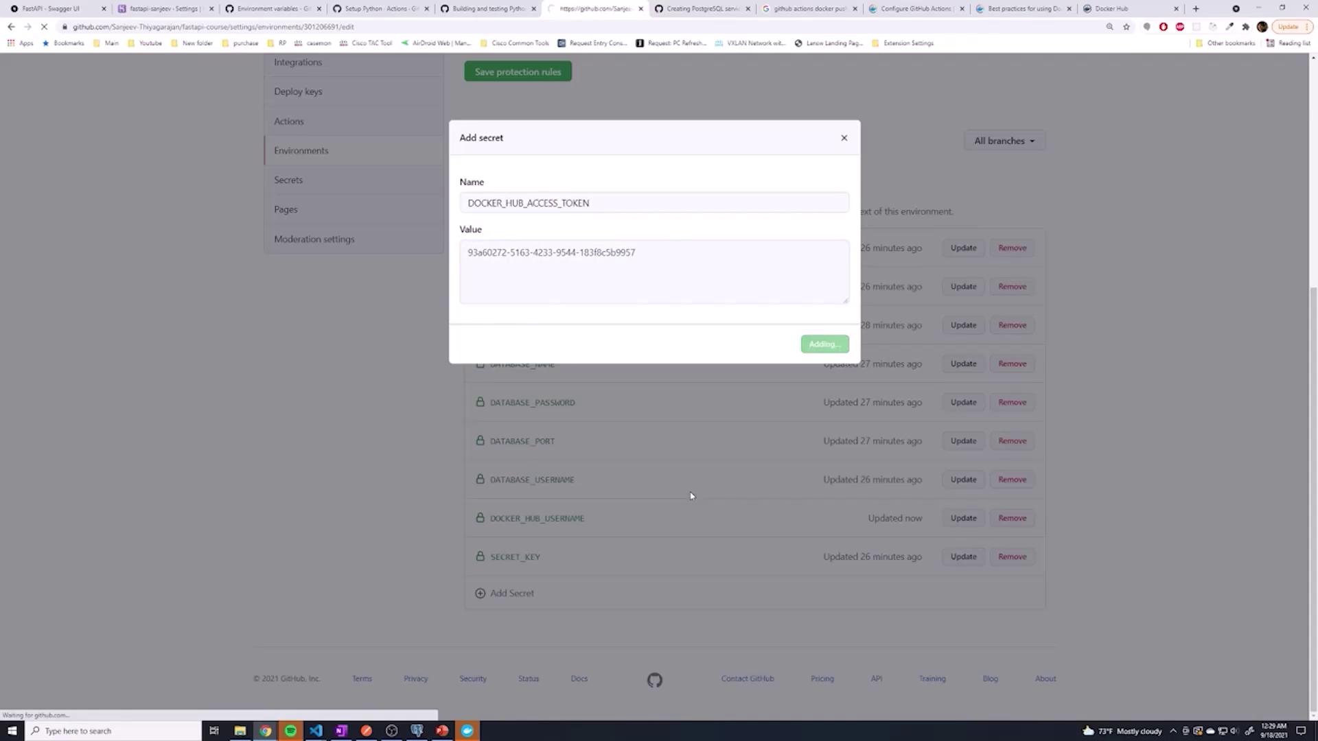 The image shows a GitHub settings page where a user is adding a secret named "DOCKER_HUB_ACCESS_TOKEN" with a specific value. The interface includes options to update or remove existing secrets.