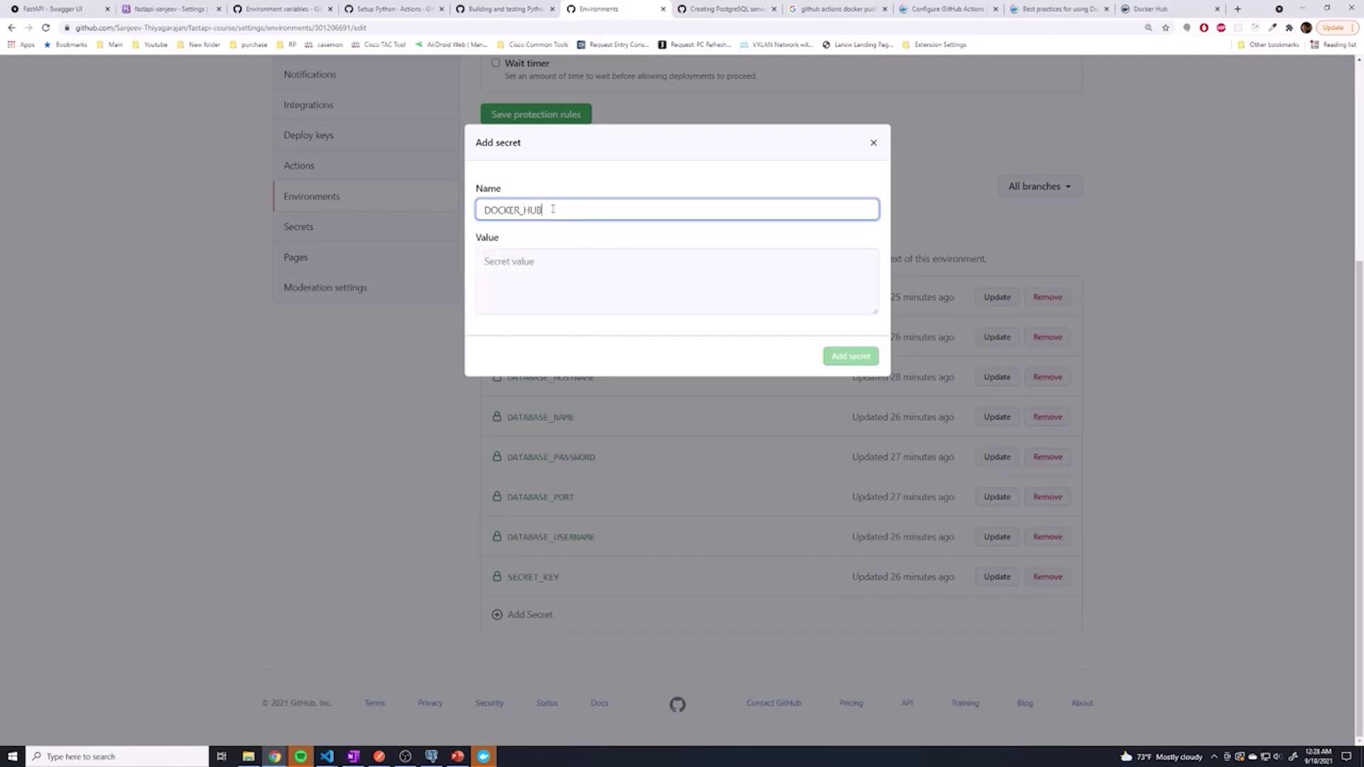 The image shows a GitHub settings page where a user is adding a secret named "DOCKER_HUB" with a field for entering a secret value. Various other secrets are listed below with options to update or remove them.