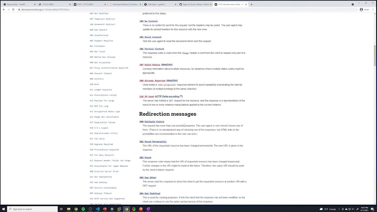 The image shows a webpage listing HTTP status codes and their descriptions, including categories like redirection messages.